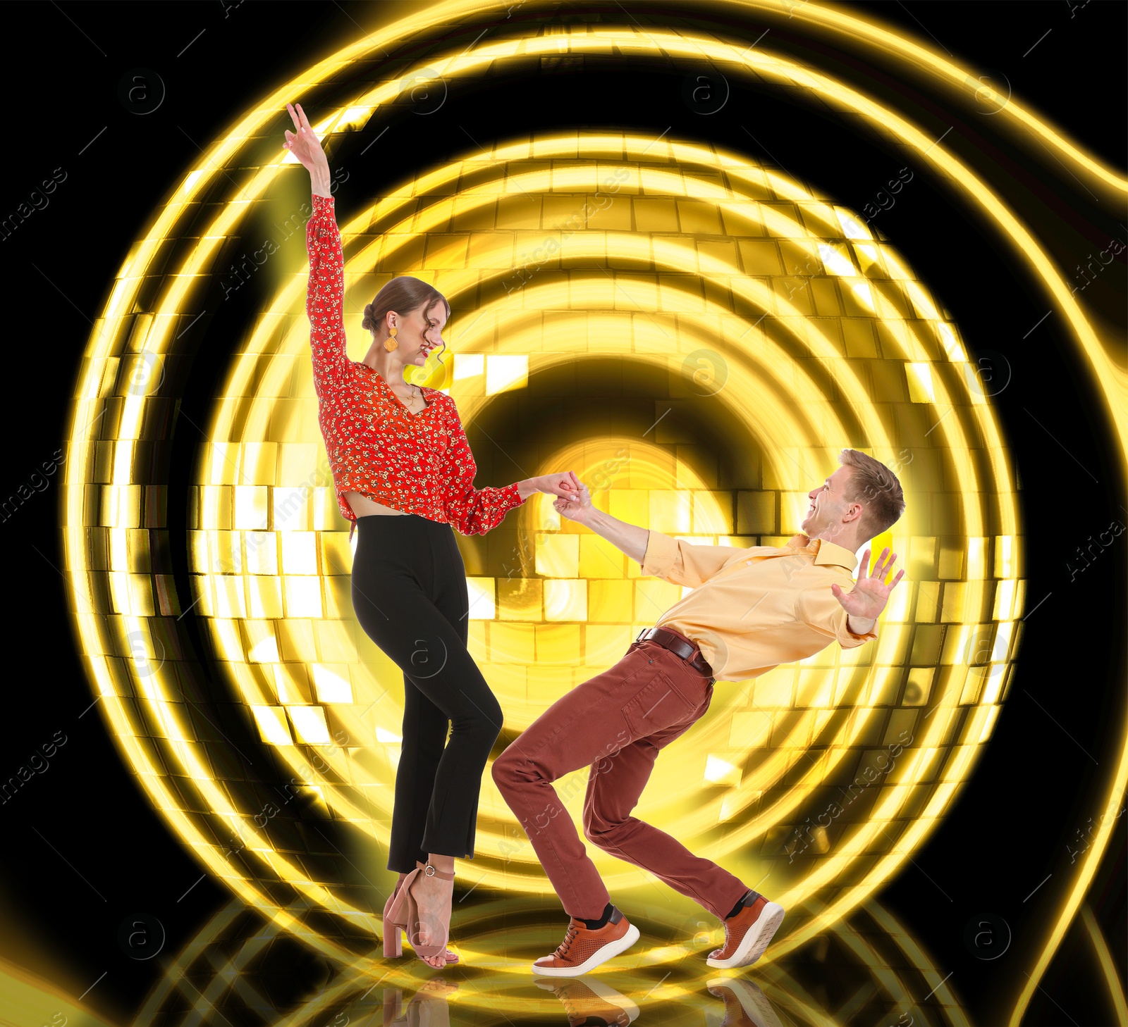 Image of Retro party poster. Couple dancing against bright background with disco ball, creative collage