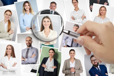 Image of Recruiter looking at candidate's photo through magnifying glass, closeup. Human resources management