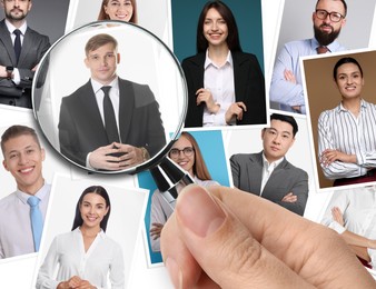 Image of Recruiter looking at candidate's photo through magnifying glass, closeup. Human resources management
