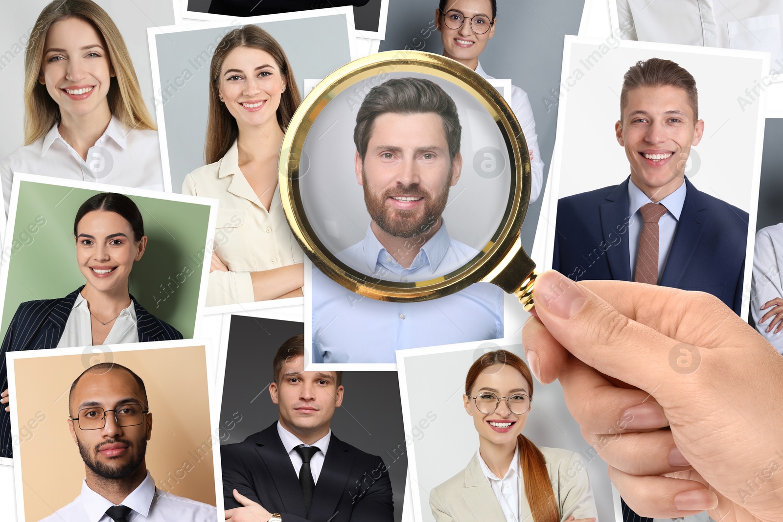 Image of Recruiter looking at candidate's photo through magnifying glass, closeup. Human resources management