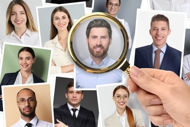 Image of Recruiter looking at candidate's photo through magnifying glass, closeup. Human resources management