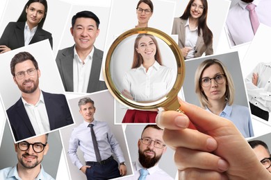 Image of Recruiter looking at candidate's photo through magnifying glass, closeup. Human resources management