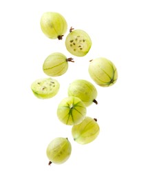 Image of Fresh green gooseberries falling against white background
