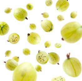 Image of Fresh green gooseberries falling against white background
