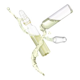 Image of Ampoules and splash of medical or cosmetic liquid in air against white background