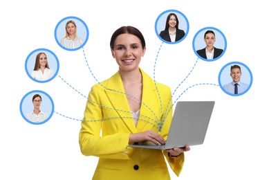 Image of Recruiter with laptop looking for employee against white background. Photos of candidates around her. Human resources management