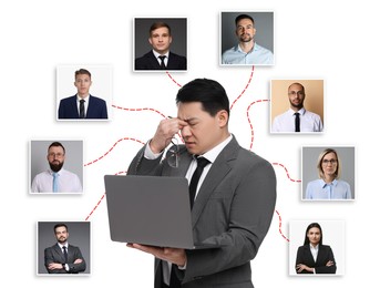 Image of Recruiter with laptop looking for employee against white background. Photos of candidates around him. Human resources management