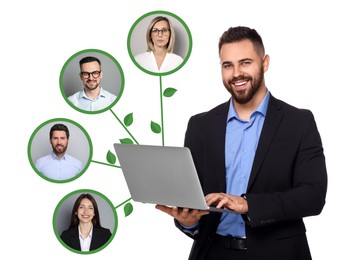 Image of Recruiter with laptop looking for employee against white background. Photos of candidates near him. Human resources management