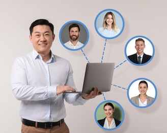 Image of Recruiter with laptop looking for employee against beige background. Photos of candidates near him. Human resources management