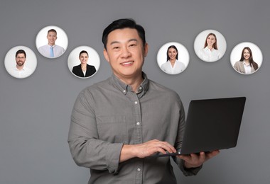Image of Recruiter with laptop looking for employee against grey background. Photos of candidates near him. Human resources management