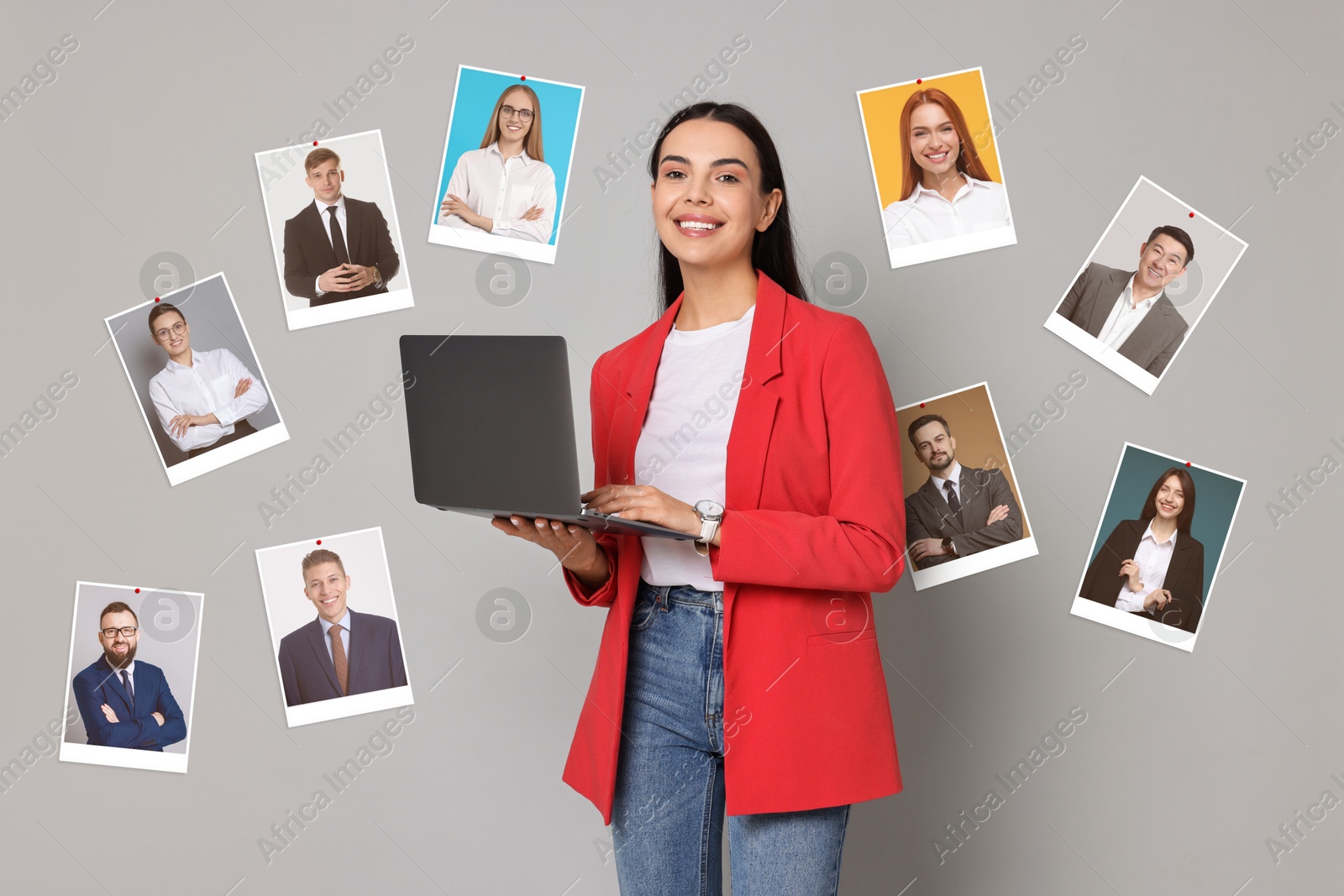 Image of Recruiter with laptop looking for employee against grey background. Photos of candidates around her. Human resources management