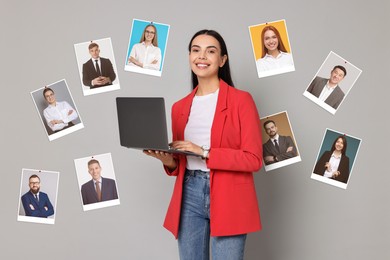 Image of Recruiter with laptop looking for employee against grey background. Photos of candidates around her. Human resources management