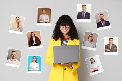 Image of Recruiter with laptop looking for employee against grey background. Photos of candidates around her. Human resources management