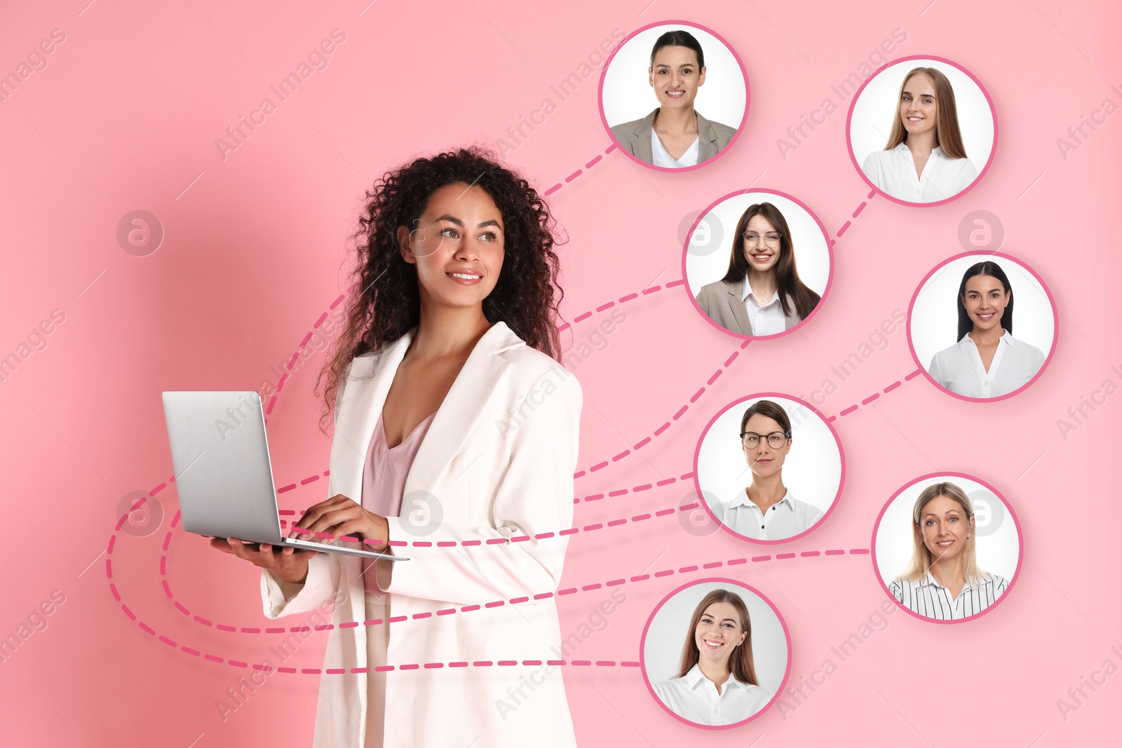 Image of Recruiter with laptop looking for employee against pink background. Photos of candidates near her. Human resources management