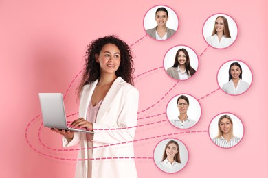Image of Recruiter with laptop looking for employee against pink background. Photos of candidates near her. Human resources management