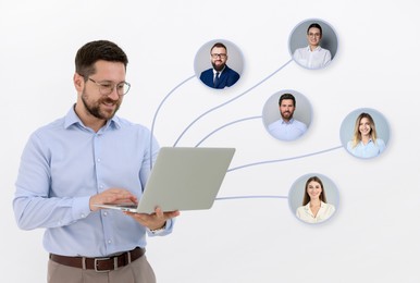 Image of Recruiter with laptop looking for employee against white background. Photos of candidates near him. Human resources management