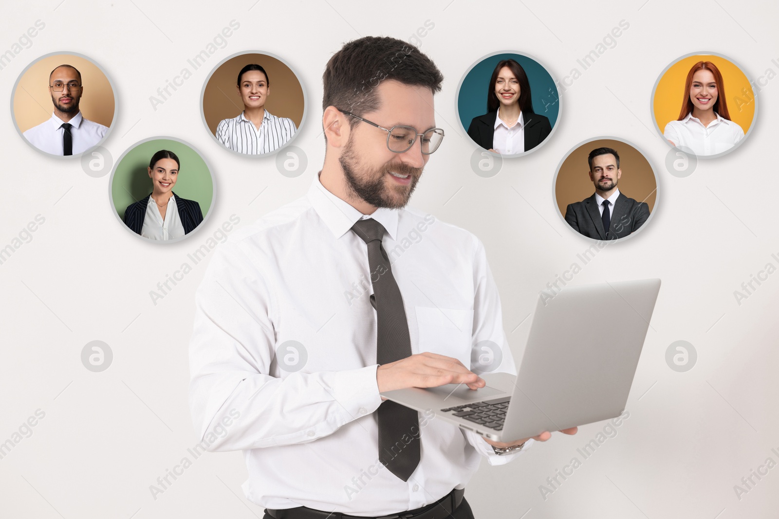 Image of Recruiter with laptop looking for employee against white background. Photos of candidates near him. Human resources management
