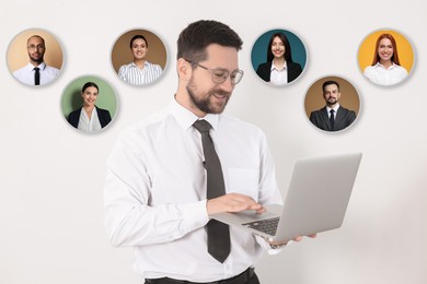 Image of Recruiter with laptop looking for employee against white background. Photos of candidates near him. Human resources management