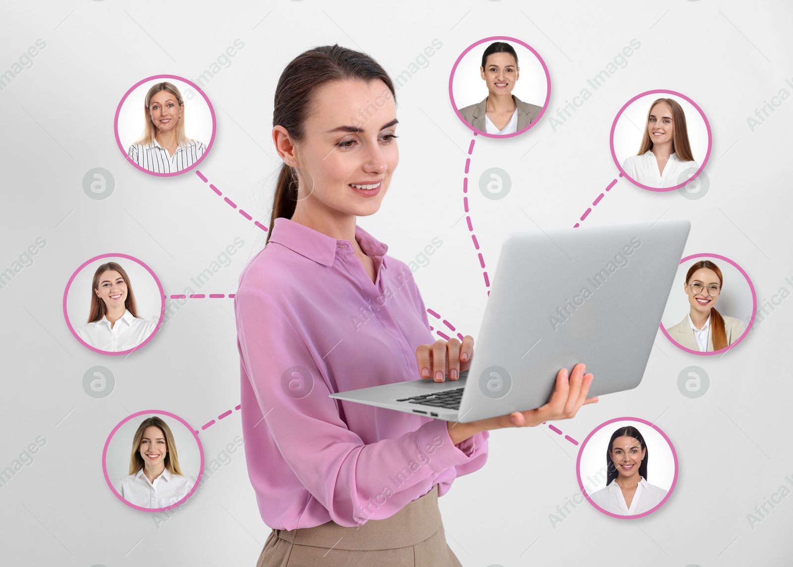 Image of Recruiter with laptop looking for employee against white background. Photos of candidates around her. Human resources management