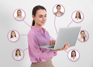 Image of Recruiter with laptop looking for employee against white background. Photos of candidates around her. Human resources management