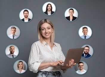 Image of Recruiter with laptop looking for employee against grey background. Photos of candidates around her. Human resources management