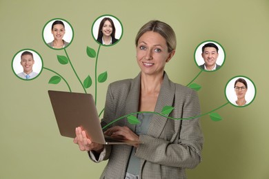 Image of Recruiter with laptop looking for employee against green background. Photos of candidates near her. Human resources management