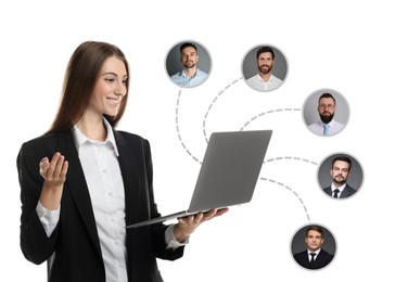 Image of Recruiter with laptop looking for employee against white background. Photos of candidates near her. Human resources management