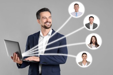 Image of Recruiter with laptop looking for employee against grey background. Photos of candidates near him. Human resources management
