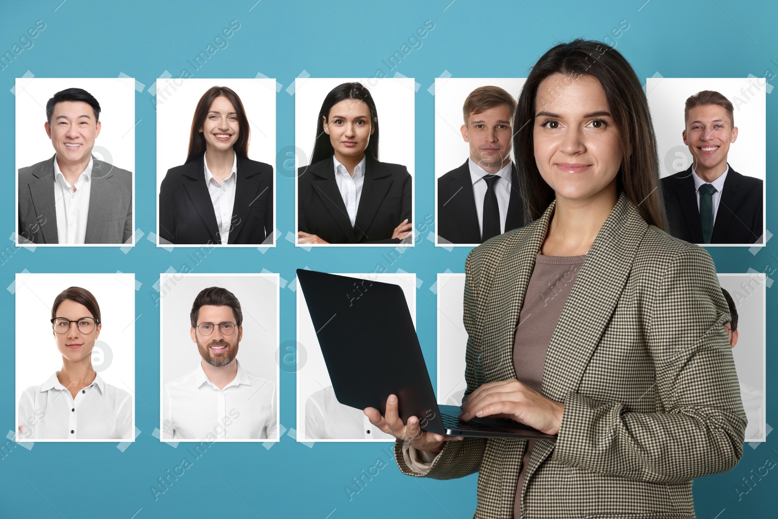 Image of Recruiter with laptop looking for employee against light blue background. Photos of candidates behind her. Human resources management.