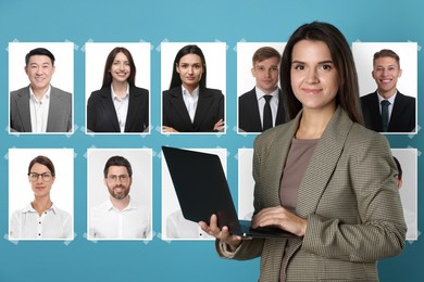 Image of Recruiter with laptop looking for employee against light blue background. Photos of candidates behind her. Human resources management.