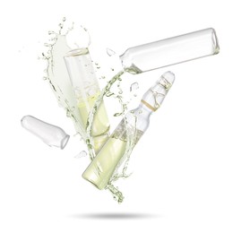 Image of Ampoules and splash of medical or cosmetic liquid in air against white background