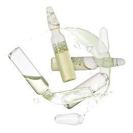 Image of Ampoules and splash of medical or cosmetic liquid in air against white background