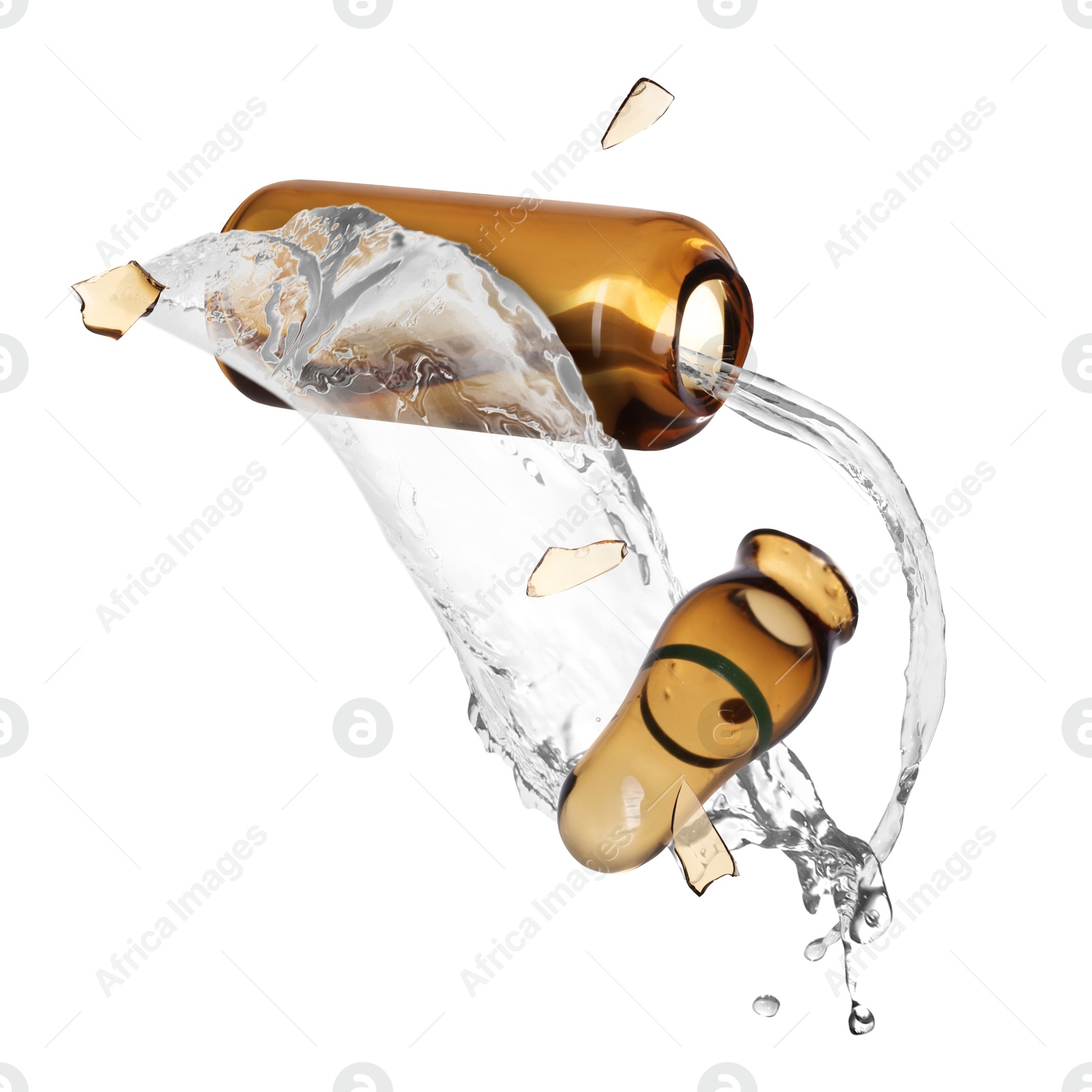 Image of Broken ampoule and splash of medical or cosmetic liquid in air against white background