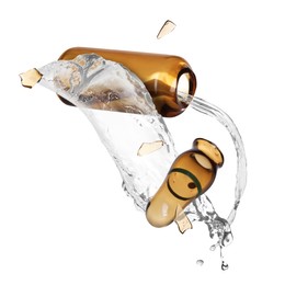 Image of Broken ampoule and splash of medical or cosmetic liquid in air against white background