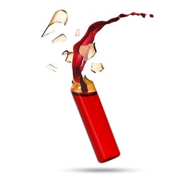Image of Broken ampoule and splash of medical or cosmetic liquid in air against white background