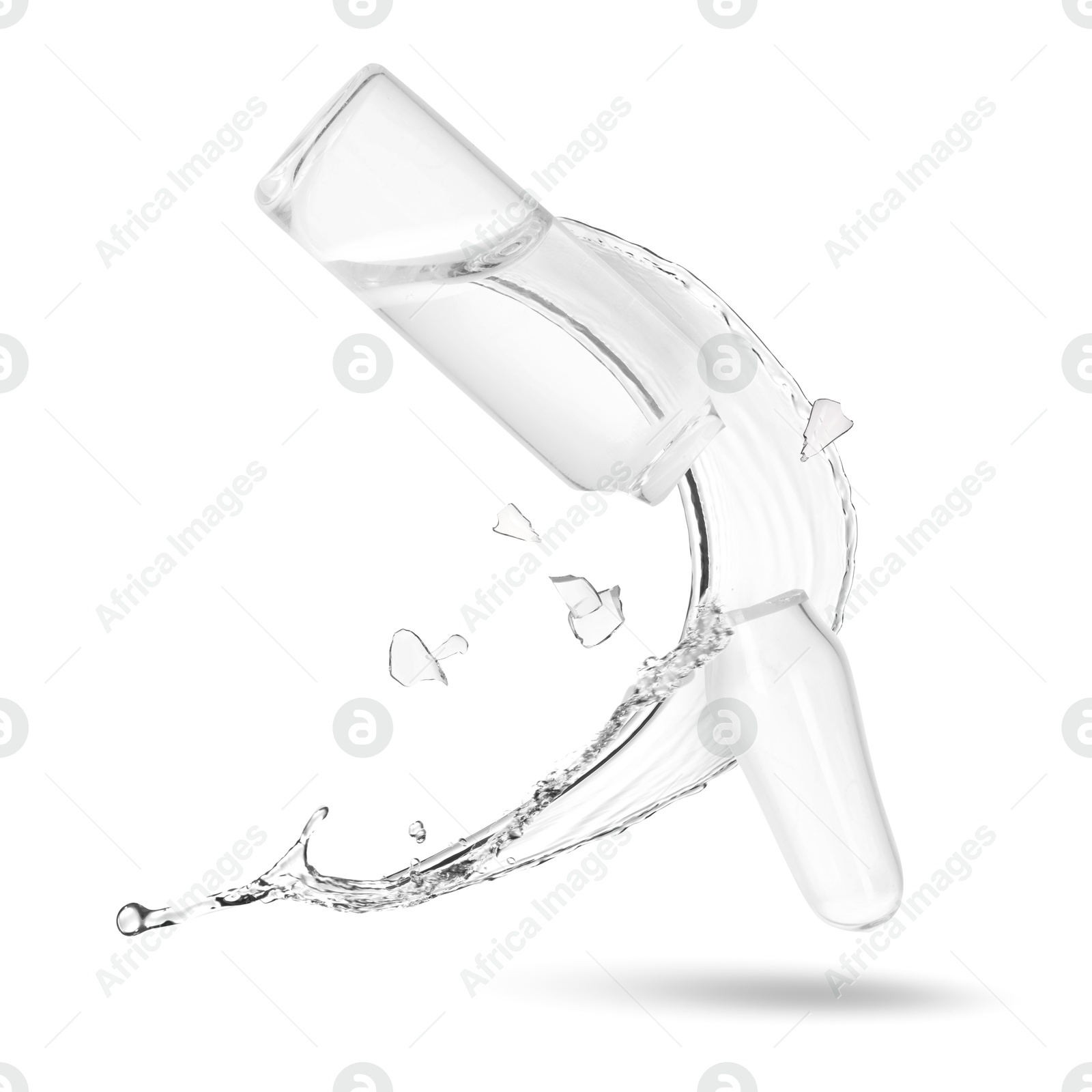 Image of Broken ampoule and splash of medical or cosmetic liquid in air against white background