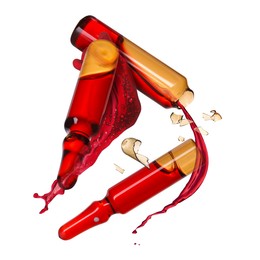Image of Ampoules and splash of medical or cosmetic liquid in air against white background
