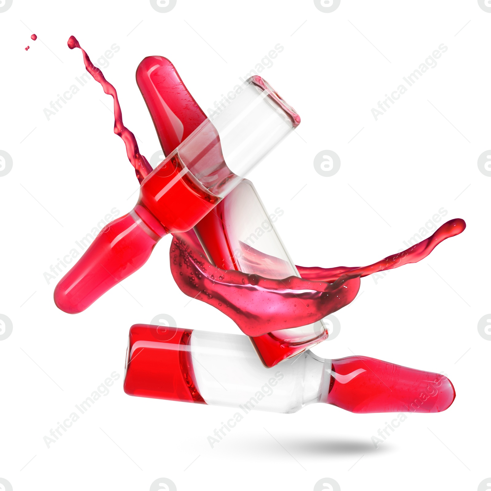Ampoules and splash of medical or cosmetic liquid in air against white background Image of Ampoules and splash of medical or cosmetic liquid in air against white background
