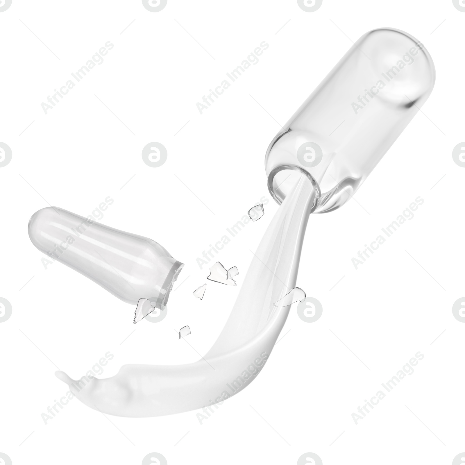Image of Broken ampoule and splash of medical or cosmetic liquid in air against white background