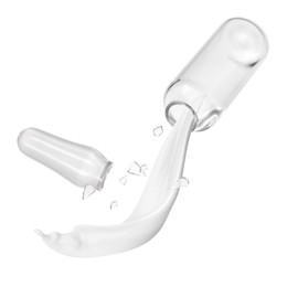 Image of Broken ampoule and splash of medical or cosmetic liquid in air against white background