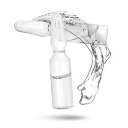 Image of Ampoules and splash of medical or cosmetic liquid in air against white background