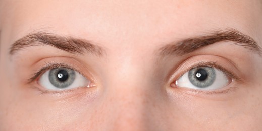 Photo of Eyebrow styling. Young woman with beautiful eyebrows, closeup