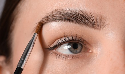 Photo of Young woman applying cosmetic product onto her eyebrow with brush, closeup