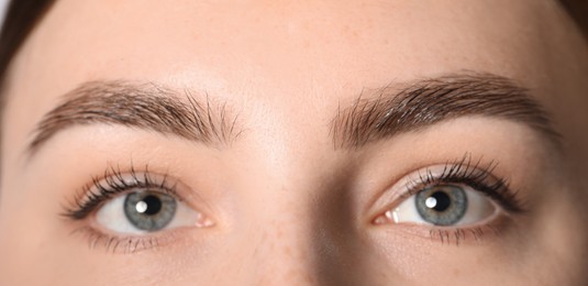 Photo of Eyebrow styling. Young woman with beautiful eyebrows, closeup