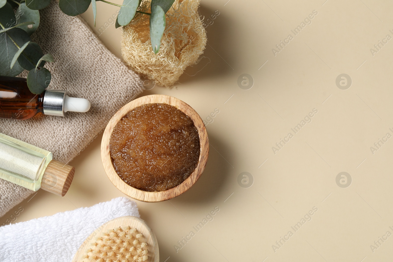 Natural body scrub and ingredients on beige table, flat lay. Space for text Photo of Natural body scrub and ingredients on beige table, flat lay. Space for text
