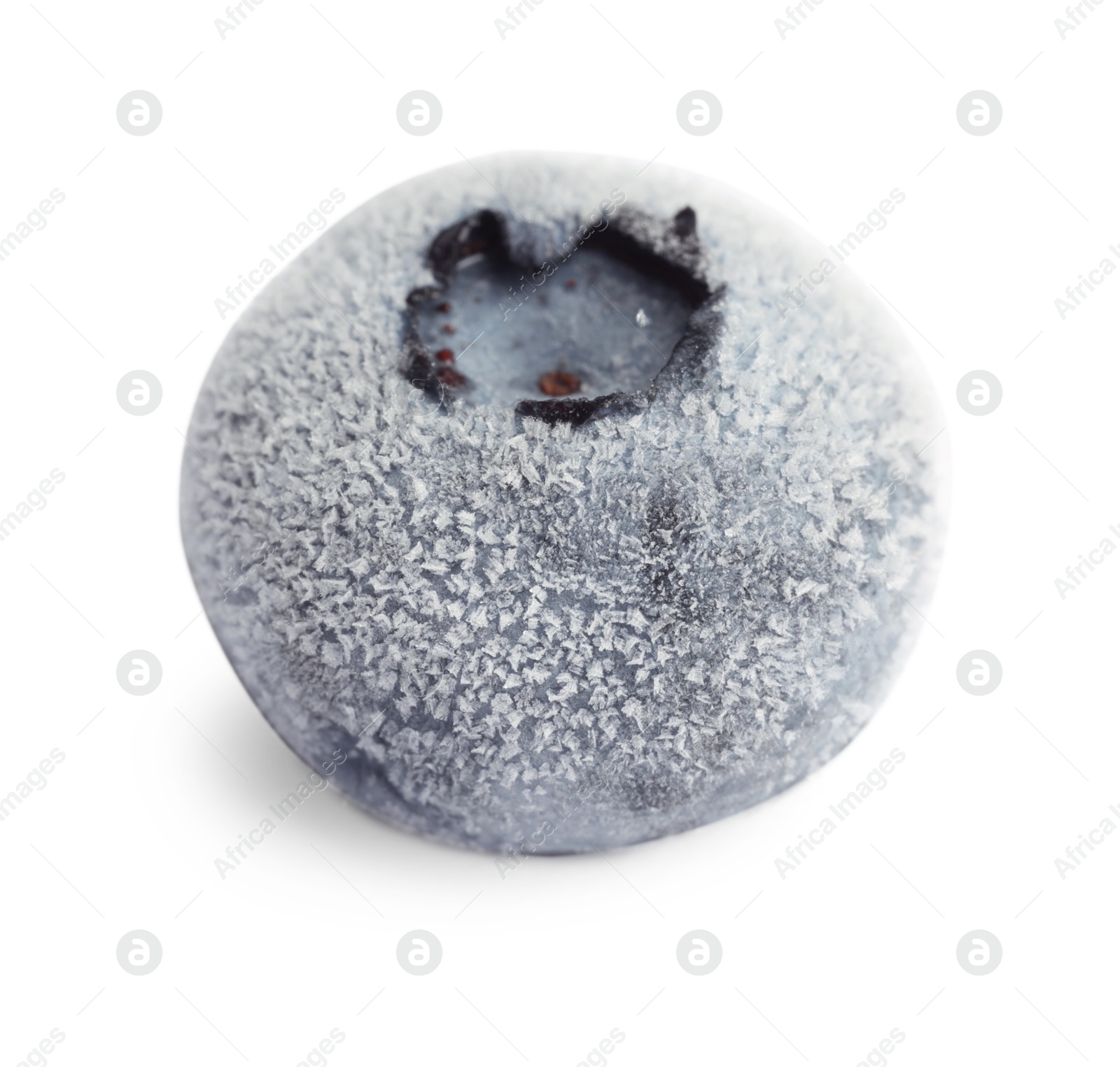 Photo of One ripe frozen blueberry isolated on white, macro view