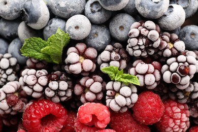 Photo of Many different frozen berries and mint as background, top view
