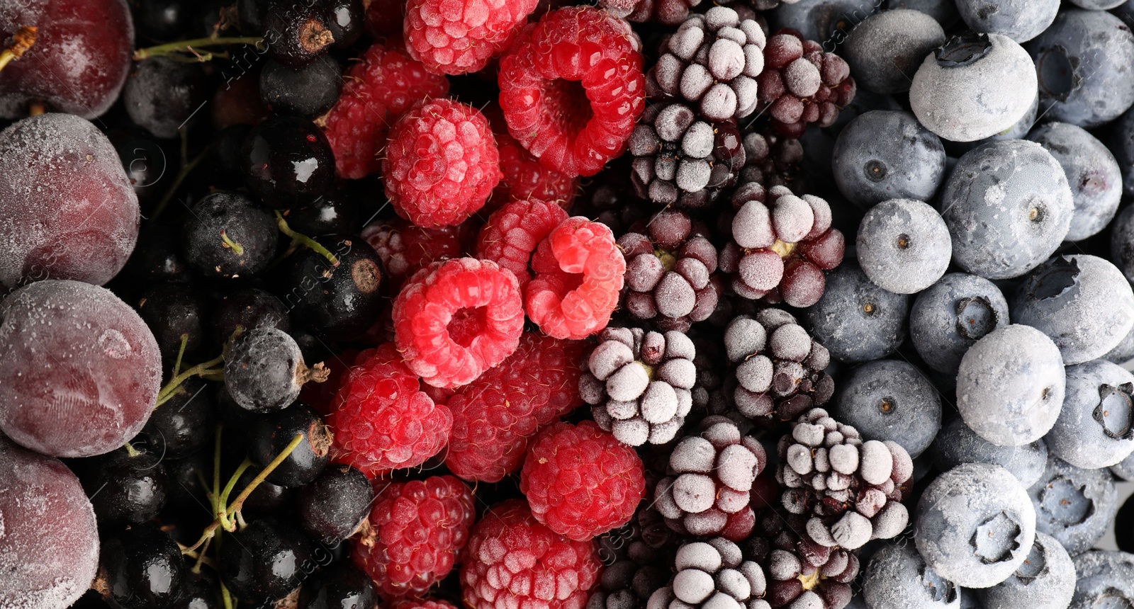 Photo of Many different frozen berries as background, top view