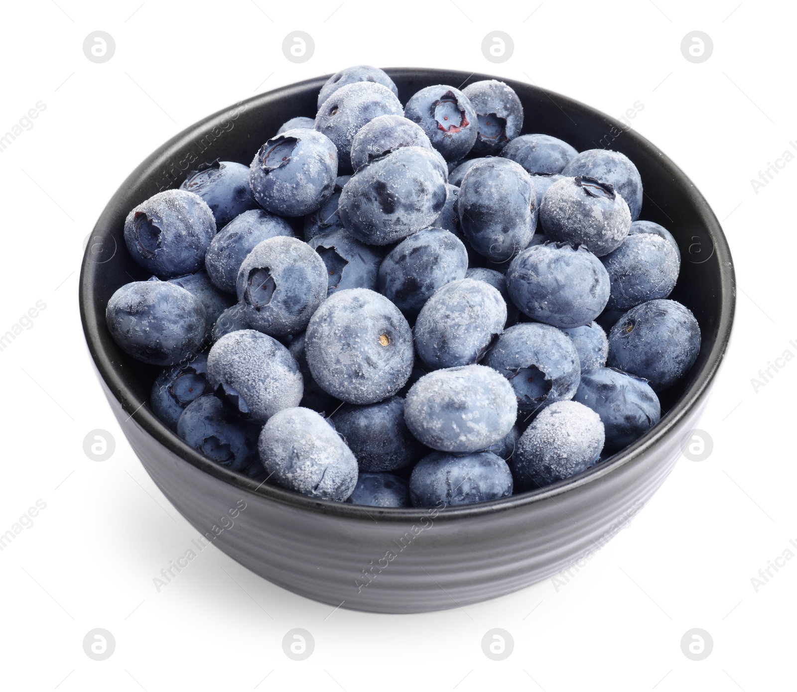 Photo of Many frozen blueberries in bowl isolated on white