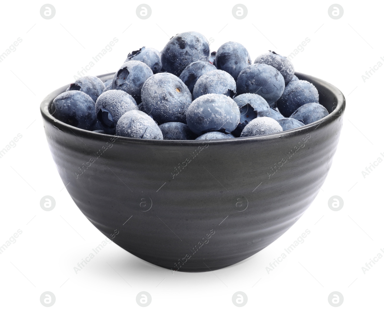 Photo of Many frozen blueberries in bowl isolated on white